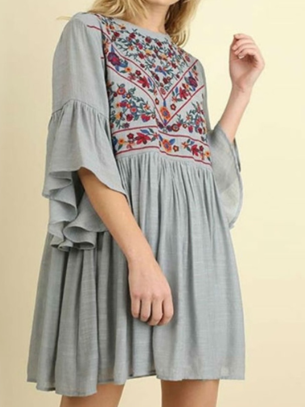 Umgee Floral Gray Floral Embroidered 3/4 Bell Sleeve Babydoll Keyhole Dress